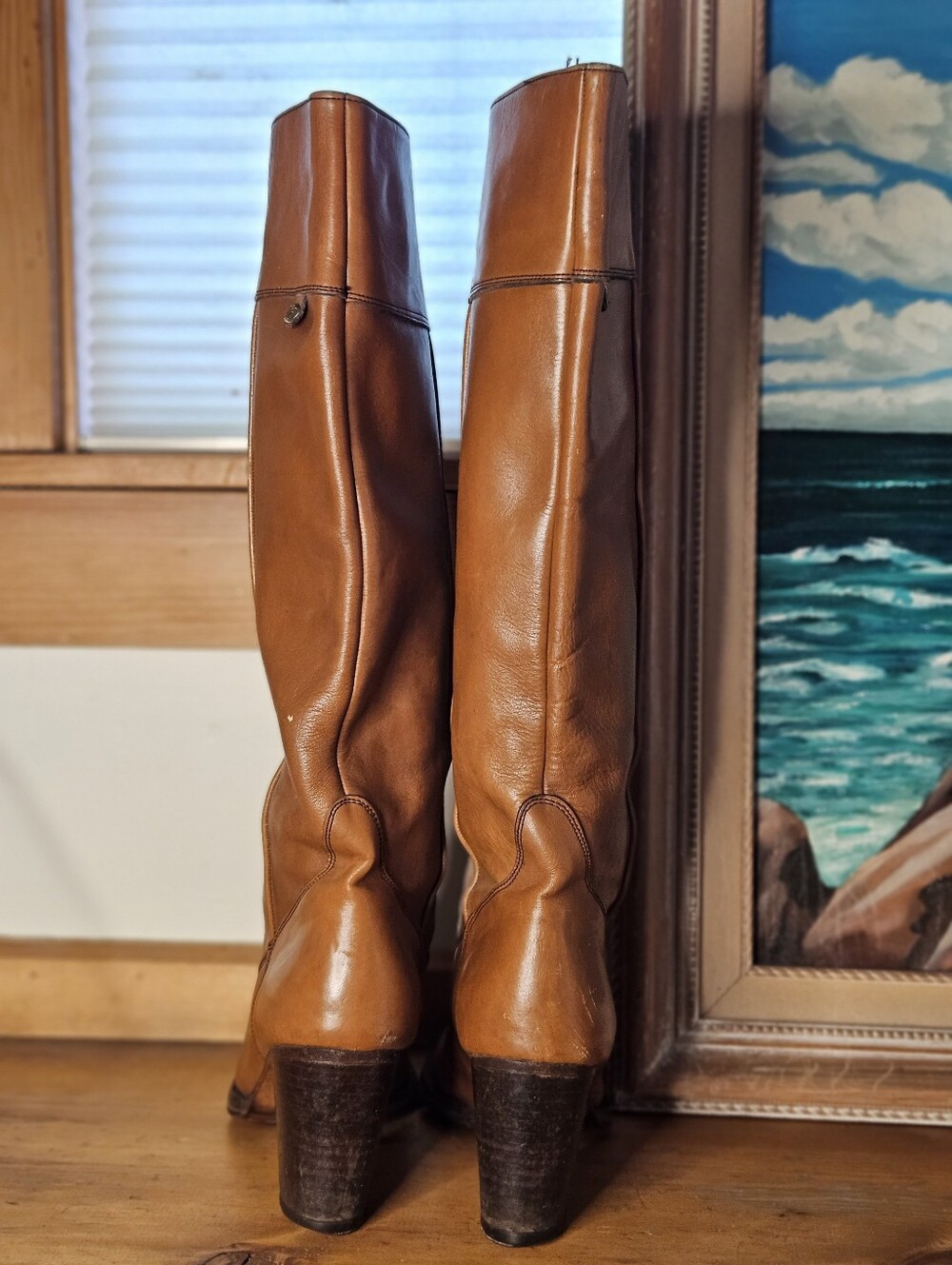 70's Italian Cognac Leather Knee High Riding Heeled Boots *flawed* - Picture 4 of 16